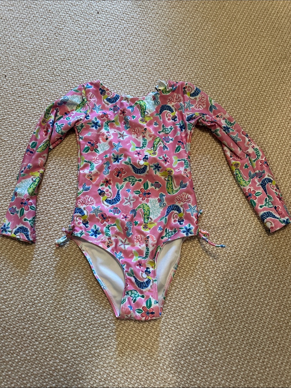 Flap Happy Pink Long-Sleeve Kids Rashguard Swimsuit with Green & Blue Accents